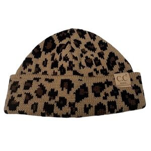 C.C Kids Girlie Girl Originals Leopard Print Beanie Tan Brown Knit Hat One Size